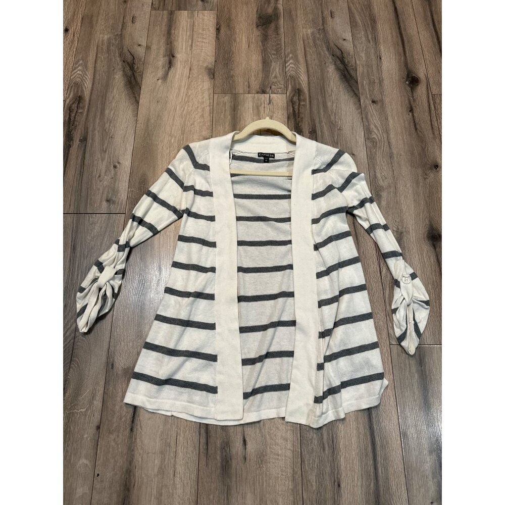 Express Womens Striped Open Cardigan XS 100% Cotton Gray/White